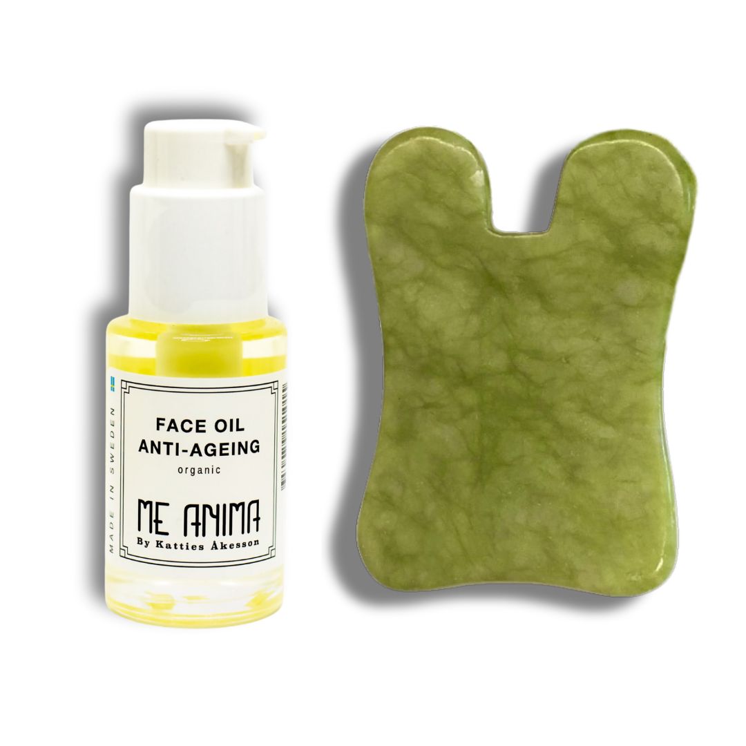 Me Animas Anti-Ageing Kit med grön Gua Sha och Face Oil – ekologiskt ansiktskit som motverkar ålderstecken och ger spänst till huden.
