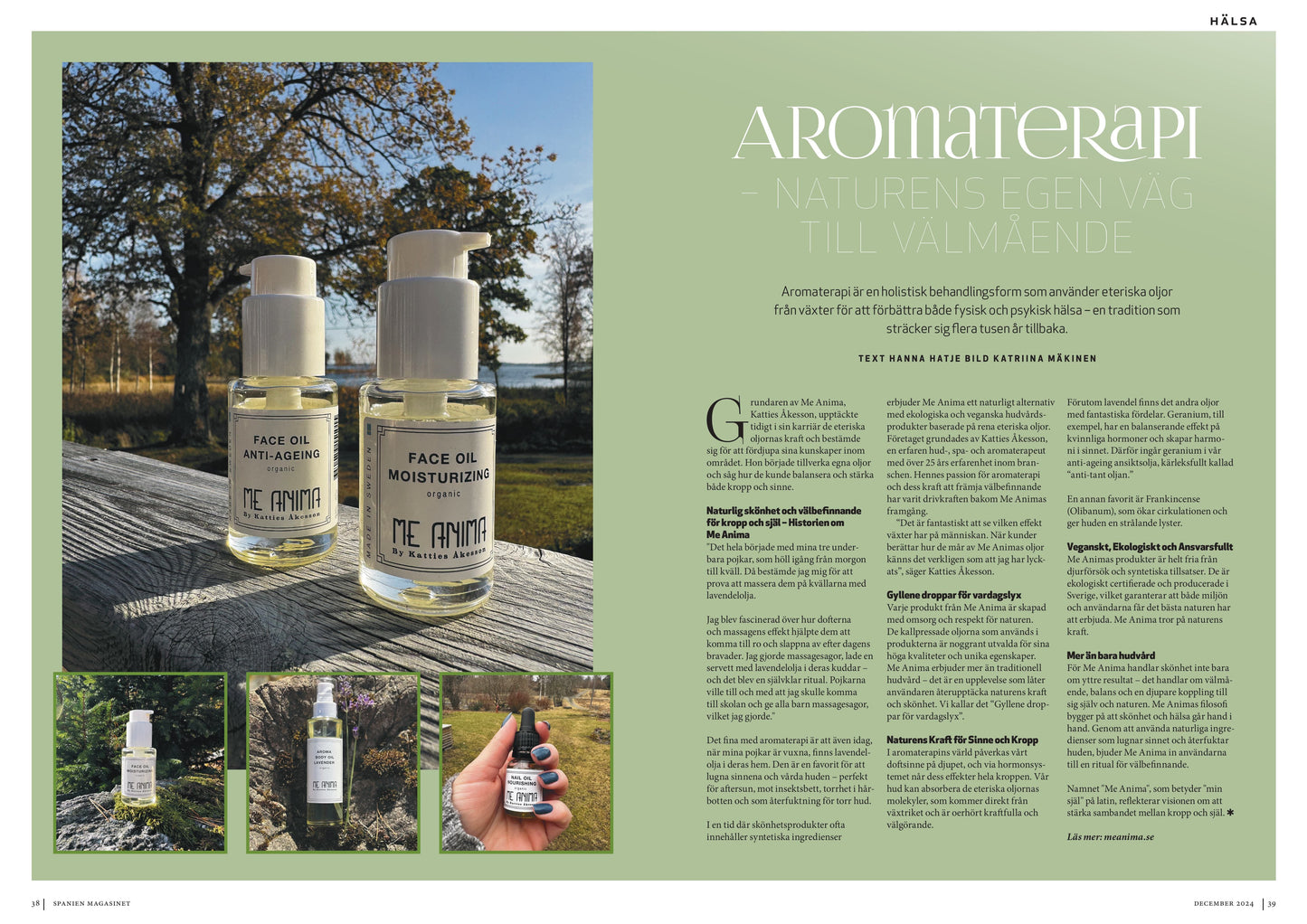 Magasinuppslag som presenterar Me Animas aromaterapi och ekologiska ansiktsoljor med bilder på Face Oil Anti Ageing, Face Oil Moisturizing och naturliga ingredienser.