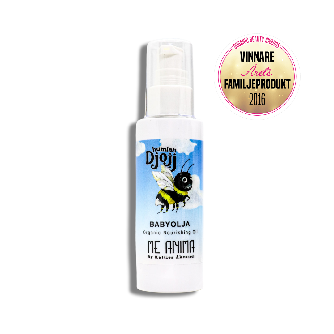 Me Anima Babyolja Humlan Djojj, ekologisk och naturlig babyolja i samarbete med Humlan Djojj, vinnare av Årets Familjeprodukt 2016 vid Organic Beauty Awards.