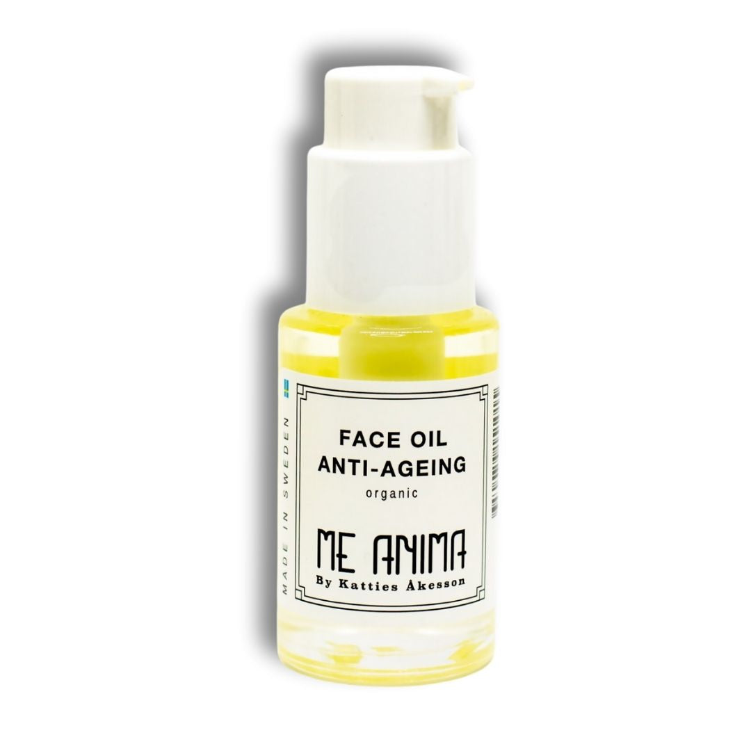 Face Oil Anti-Ageing från Me Anima – ekologisk ansiktsolja som återfuktar på djupet, mjukgör huden och minskar synligheten av fina linjer med naturliga oljor och antioxidanter.